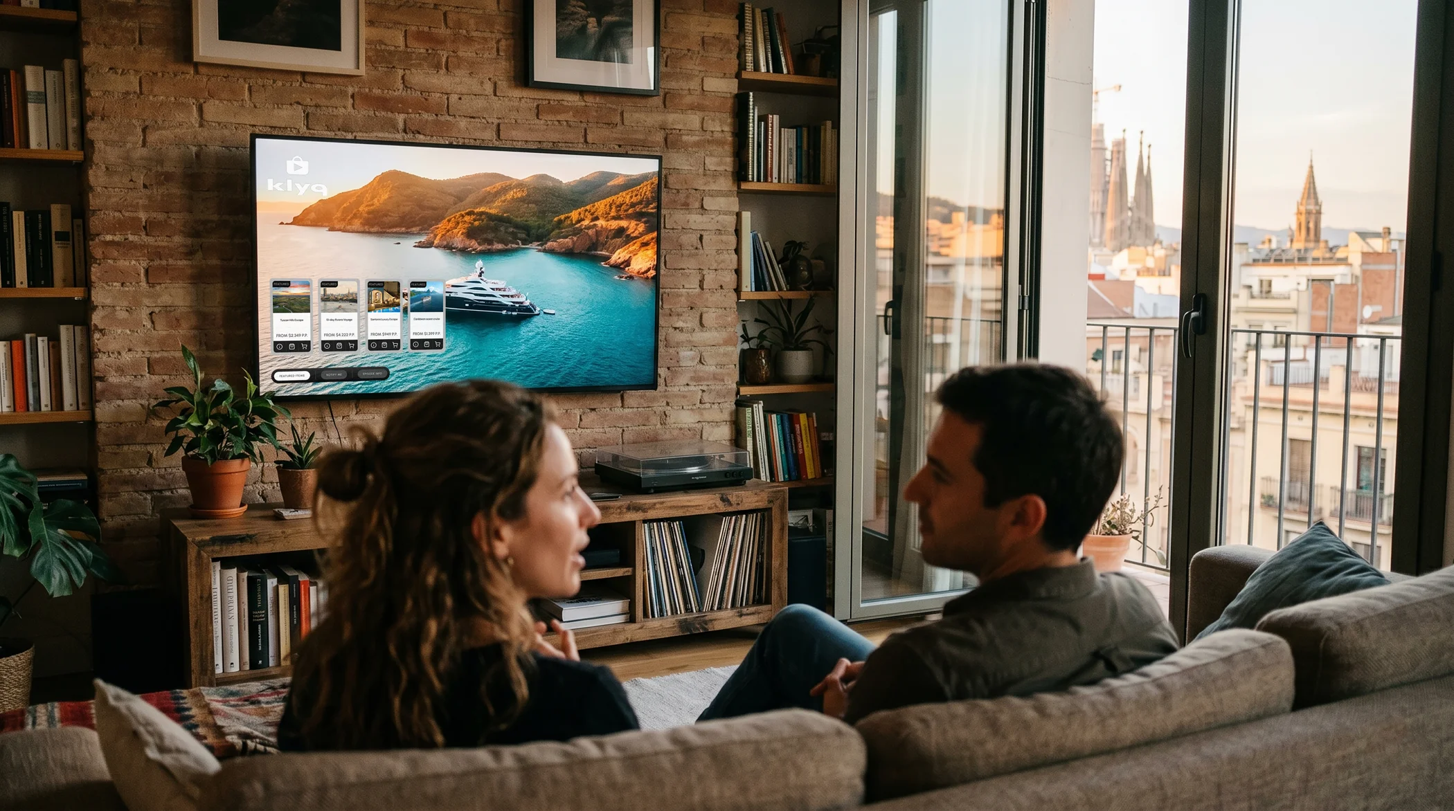 Couple sitting on a couch watching a travel show with boat listings on a mounted TV in a cozy living room.