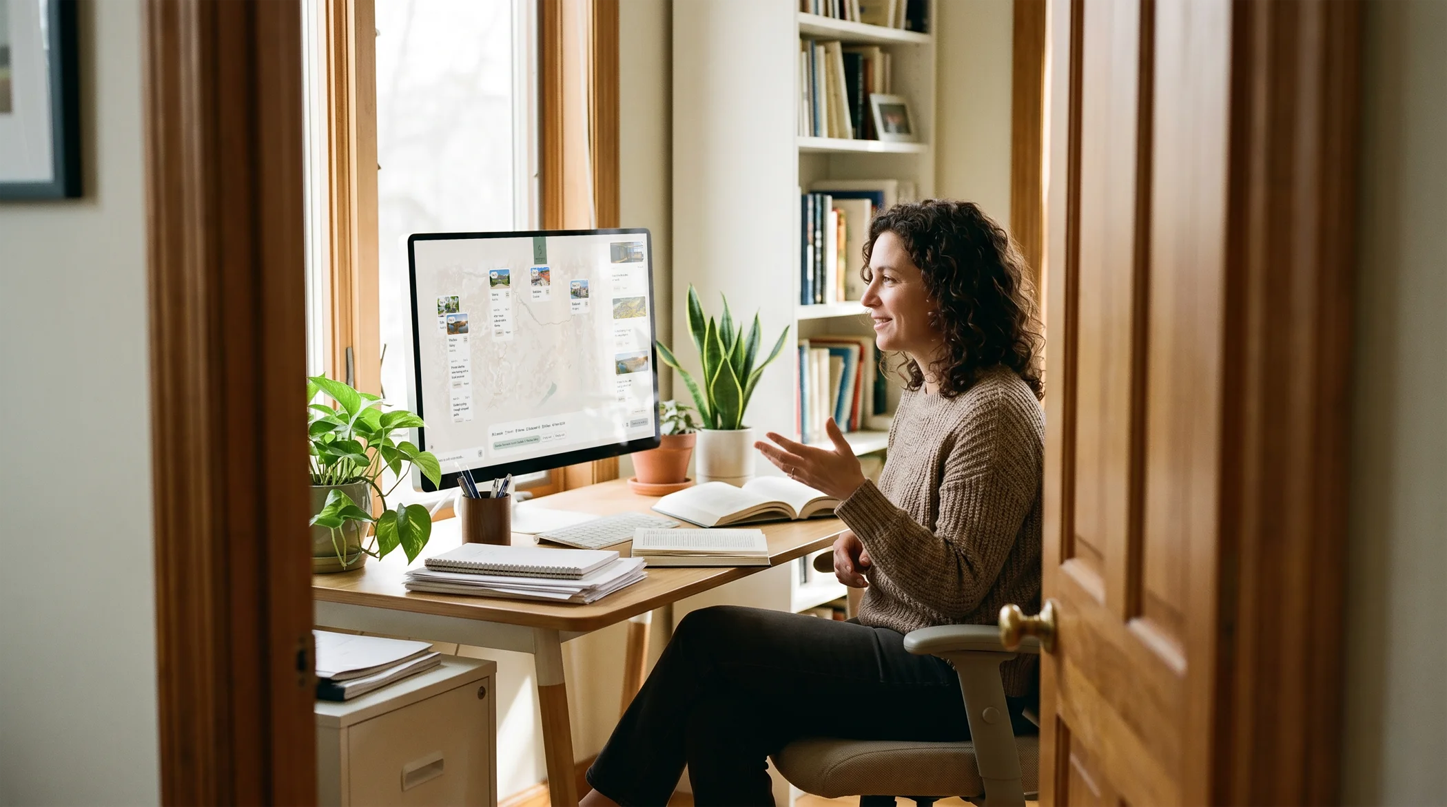 Woman sitting at desk, gesturing while speaking to Aquario on her computer in a cozy home office with plants and books.