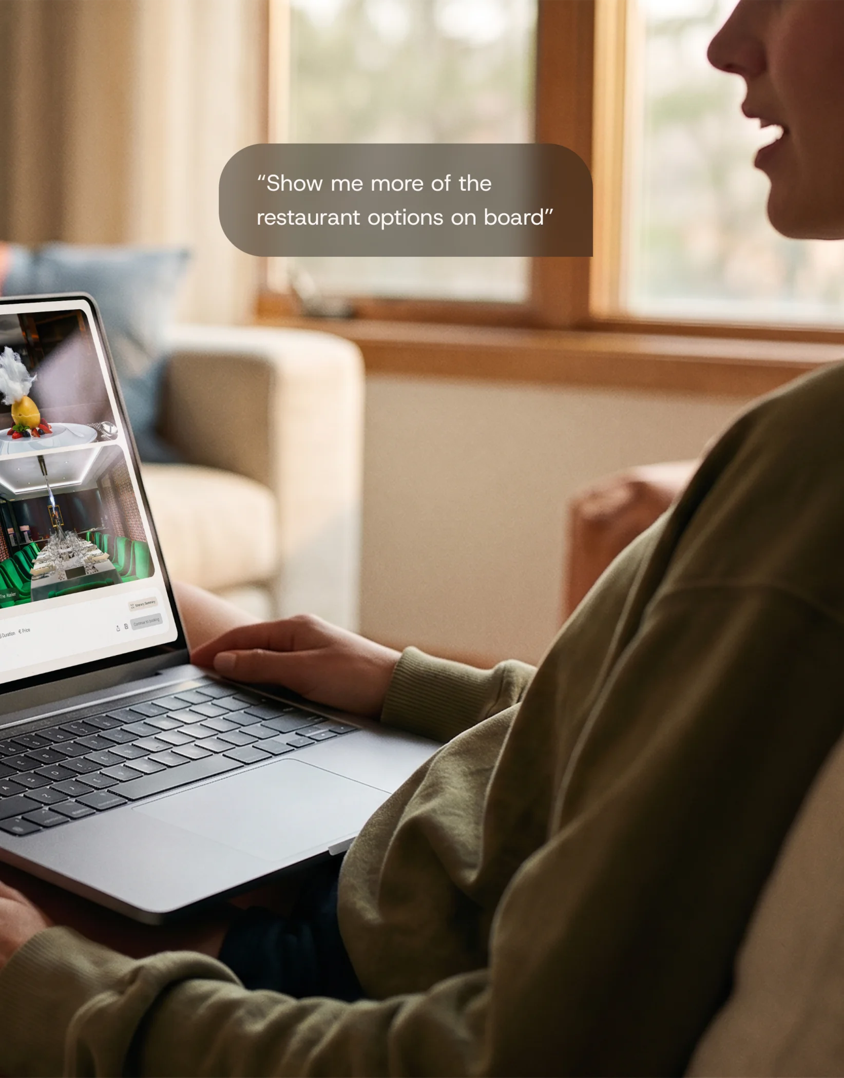 Person sitting with a laptop showing restaurant images and a speech bubble saying restaurant options request.
