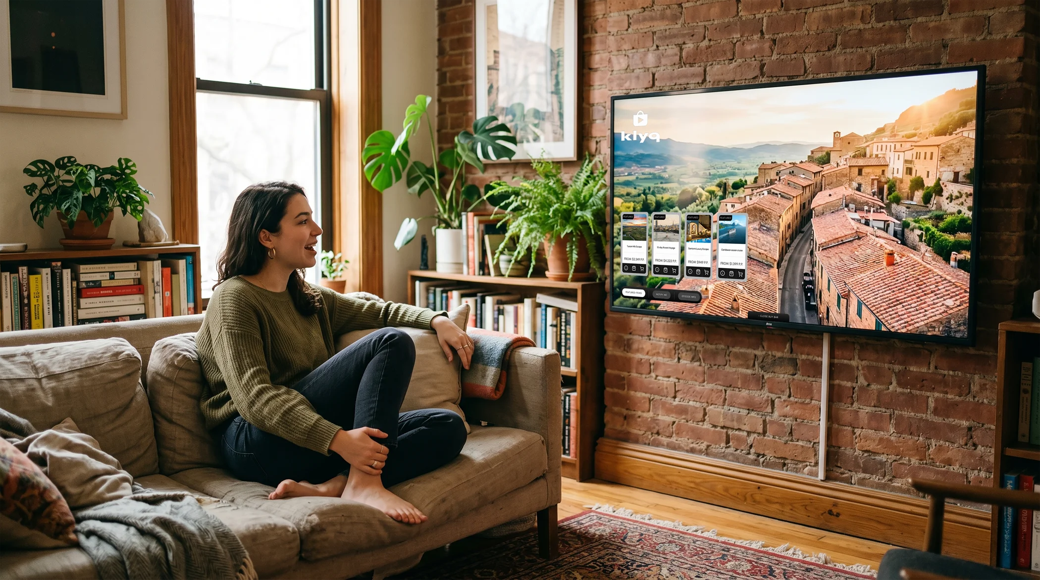 Woman sitting on a couch watching a travel app with scenic destinations on TV.