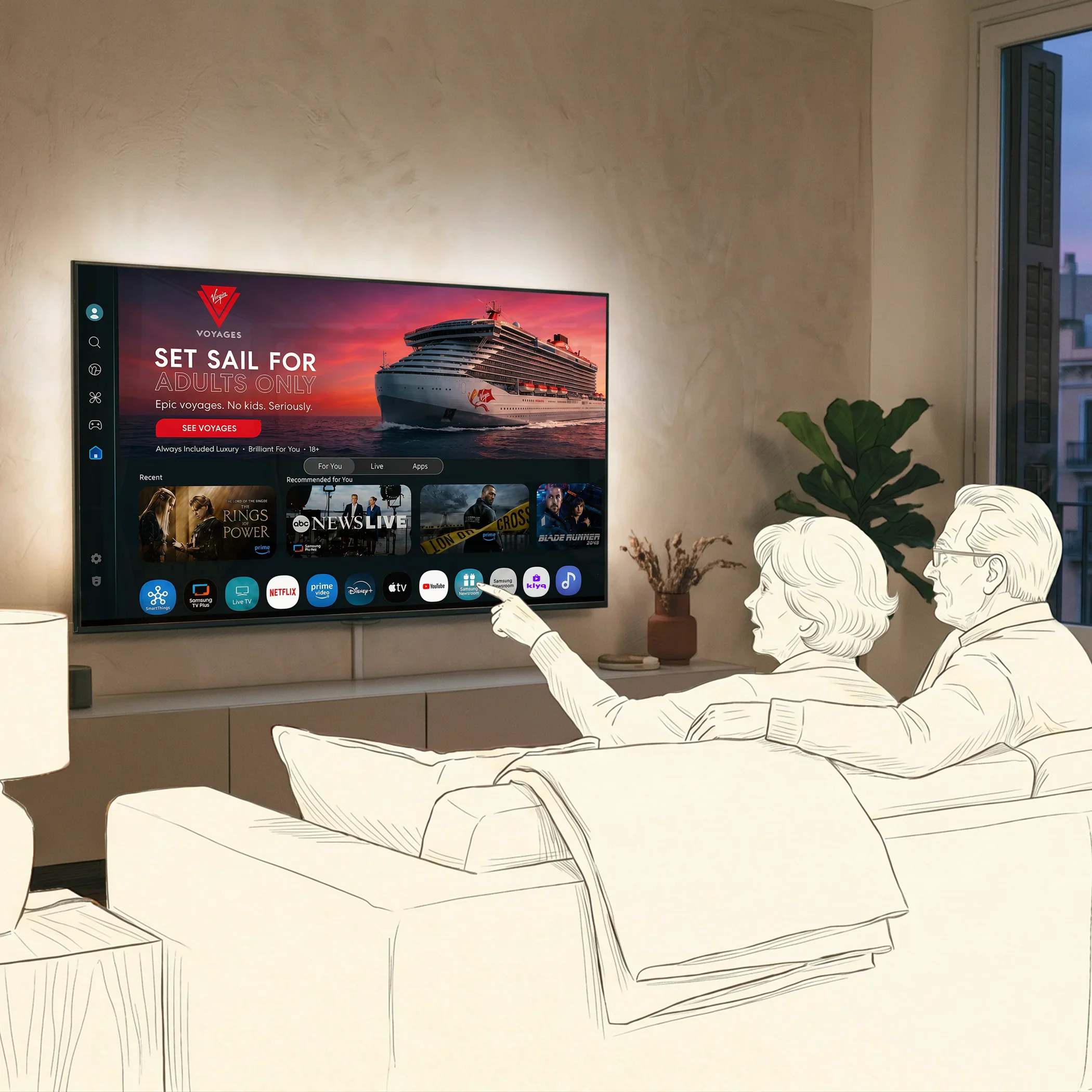 Image of a couple on a couch pointing at a smart TV showing a voyage cruise ad.