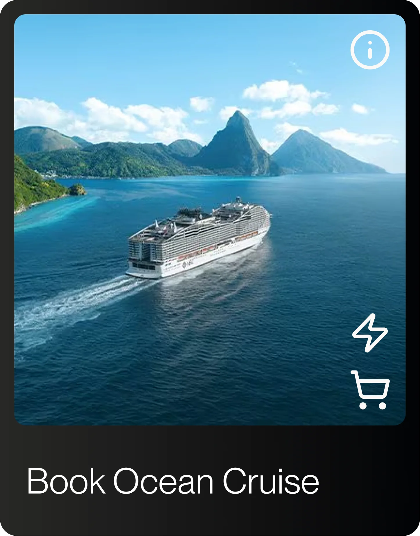 Large cruise ship sailing on blue ocean near green mountains and clear sky.