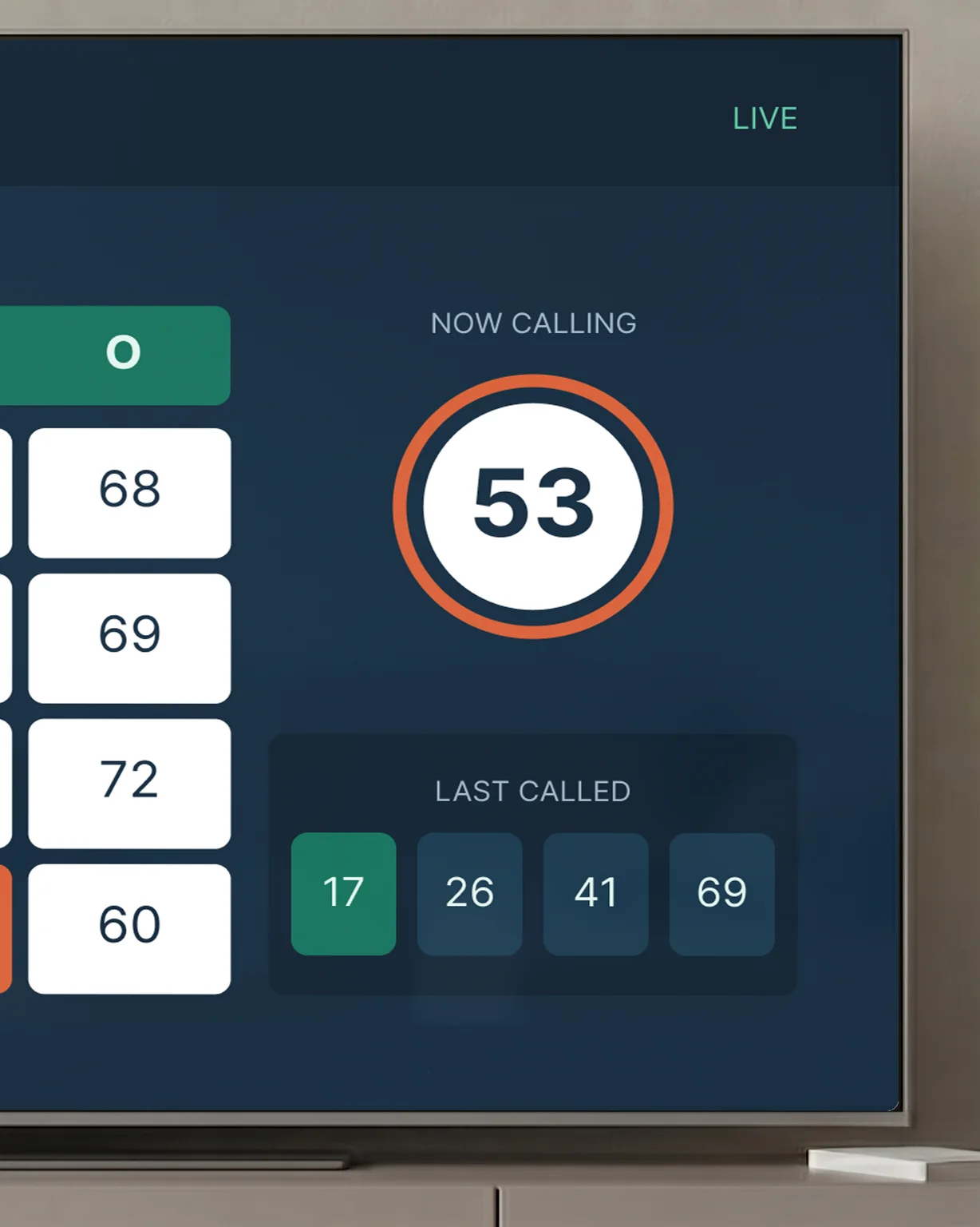 Digital screen showing a live bingo call with number 53 now calling and last called numbers 17, 26, 41, 69.