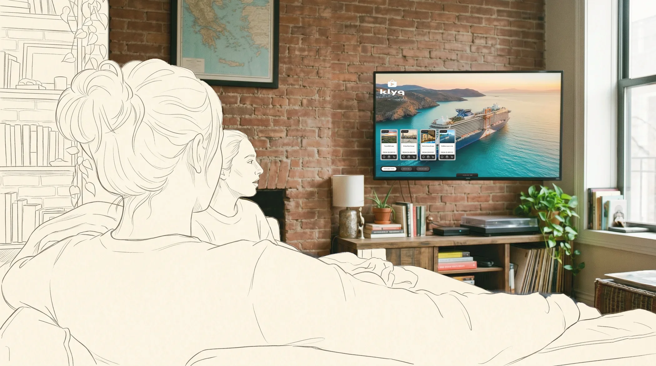 Two people sitting on a couch watching travel cruise content with the Klyq buy bar interface on a wall-mounted TV.