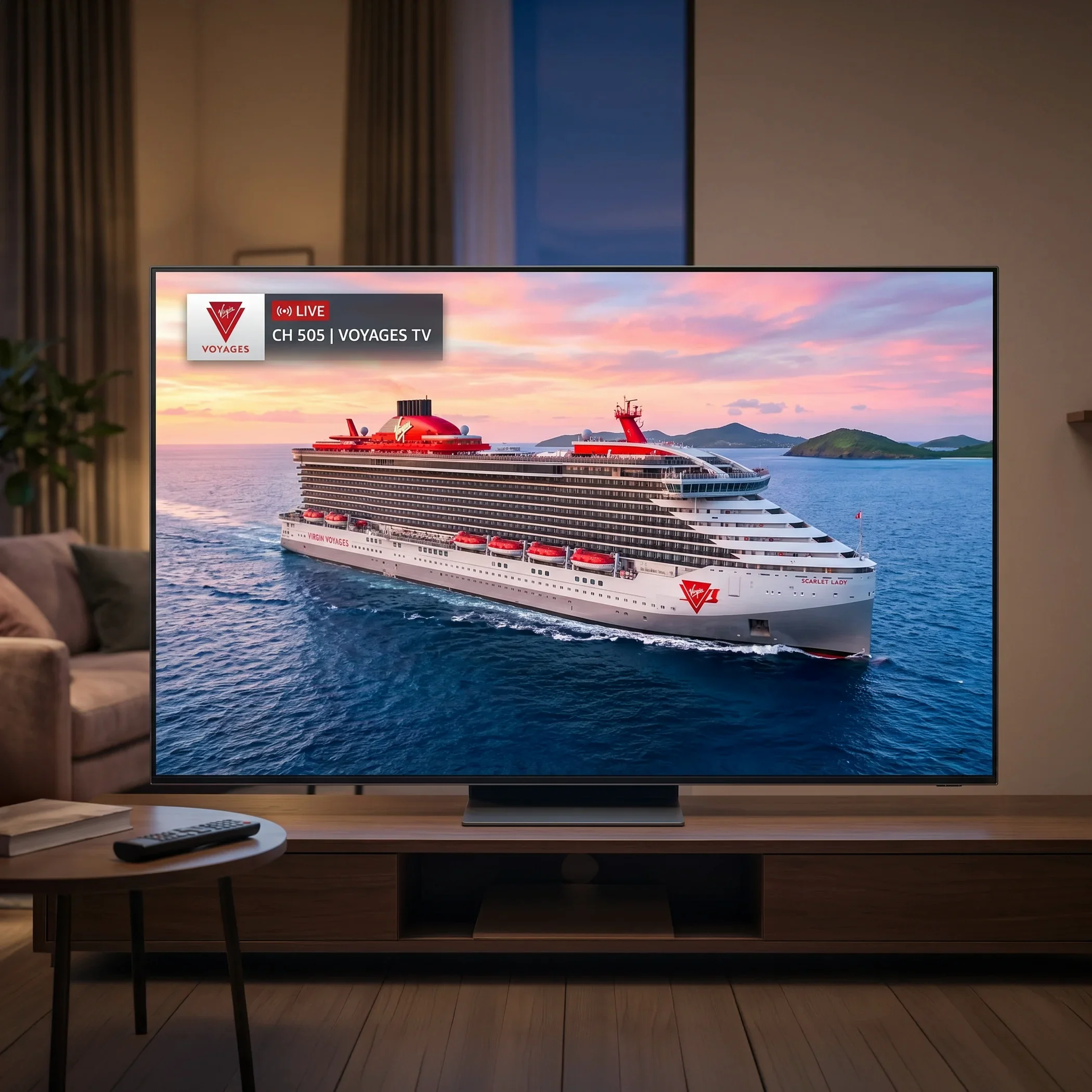 TV showing a large Virgin Voyages cruise ship sailing on blue ocean at sunset with islands in the background.