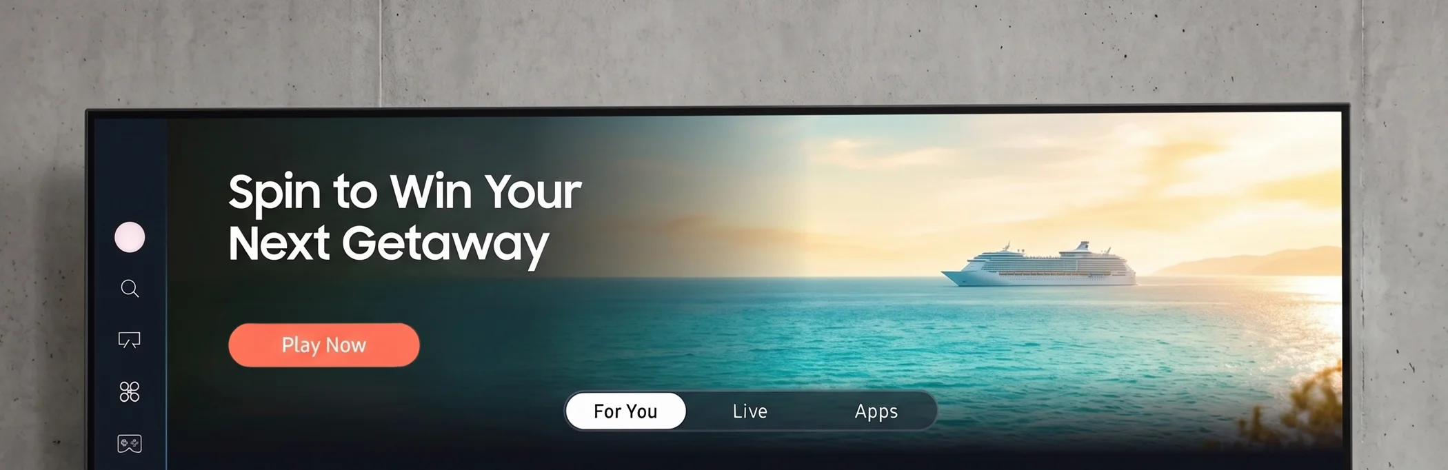 TV screen showing a cruise ship at sea with text 'Spin to Win Your Next Getaway' and a Play Now button.