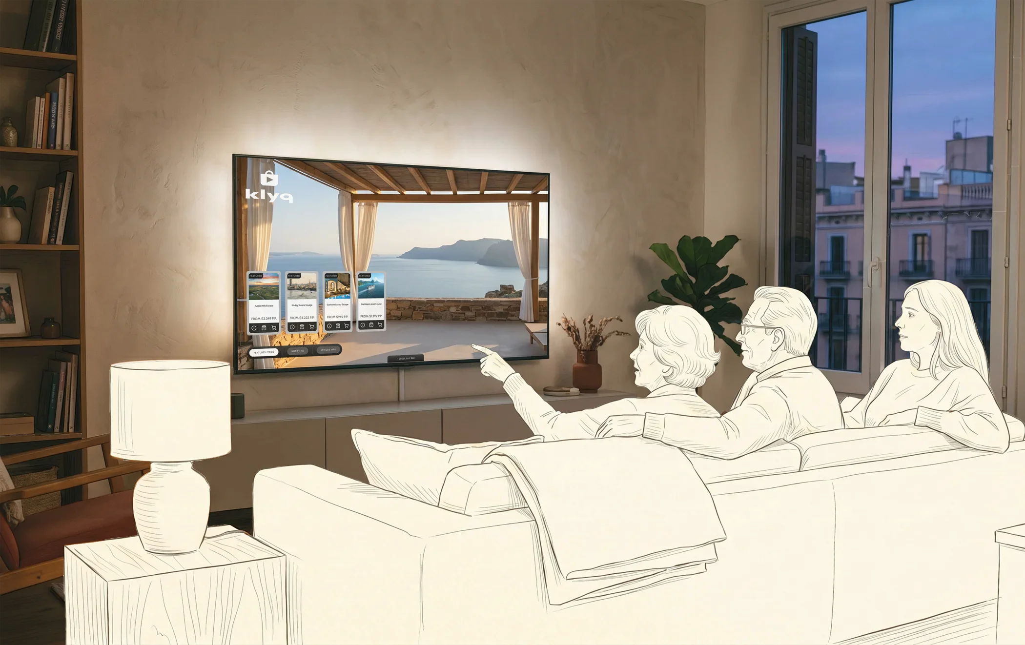 Image of three people on a couch watching a smart TV with the Klyq buy bar interface displayed.