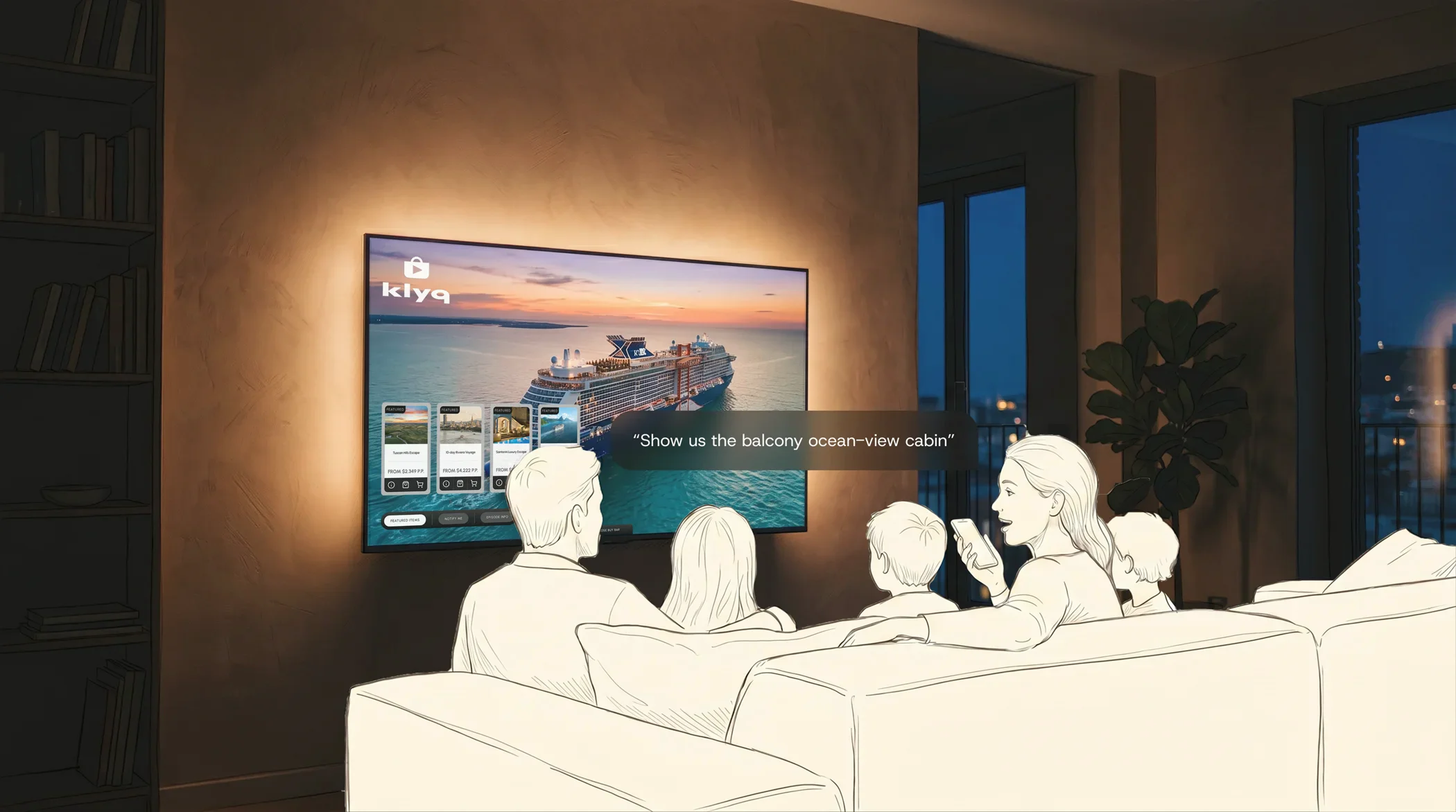 Family sitting on a couch using voice command to find a balcony ocean-view cabin on the Klyq TV app.