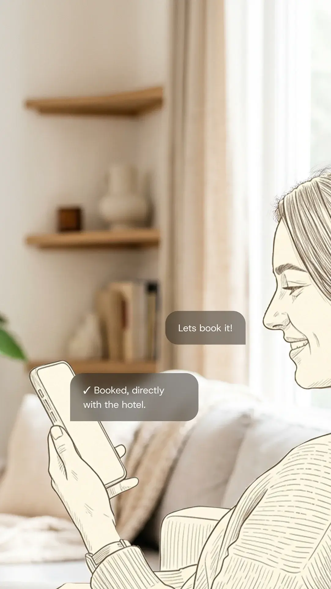 Illustration of a smiling woman holding a phone showing messages about booking a hotel directly.