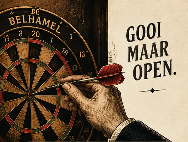 Gegraveerde poster: hand met dartpijlen, Gooi maar open
