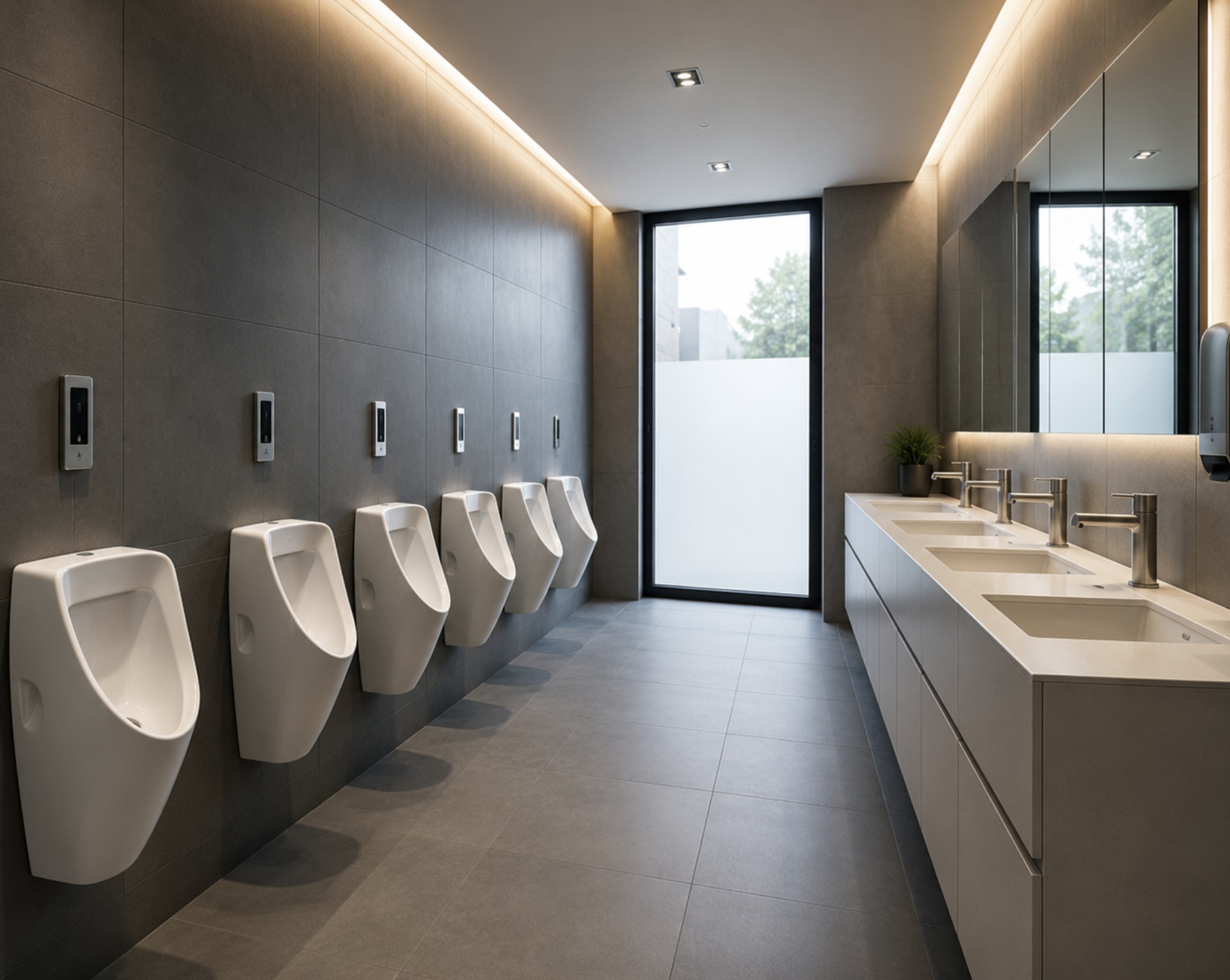 Moderne Herrentoilette mit sieben Urinalen, sechs Waschbecken und großem Fenster mit Sichtschutz.