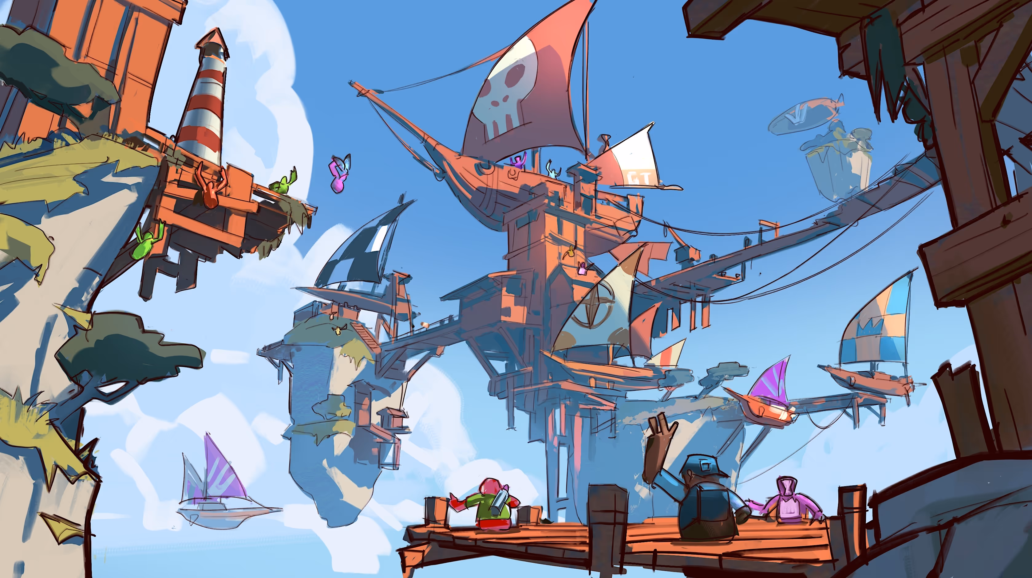 Colorful floating islands with wooden structures and sailing ships in a bright sky, with figures on a dock.