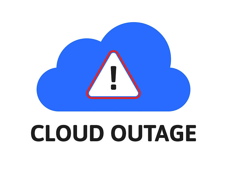 Blue cloud icon with warning triangle and exclamation mark above the text CLOUD OUTAGE.