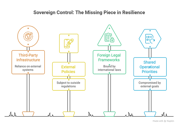 Sovereign Control infographic with four pillars: third-party infrastructure, external policies, legal frameworks, shared priorities.