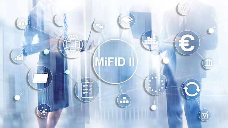Business professionals with MiFID II label and finance icons on a blue digital background, suggesting regulatory compliance