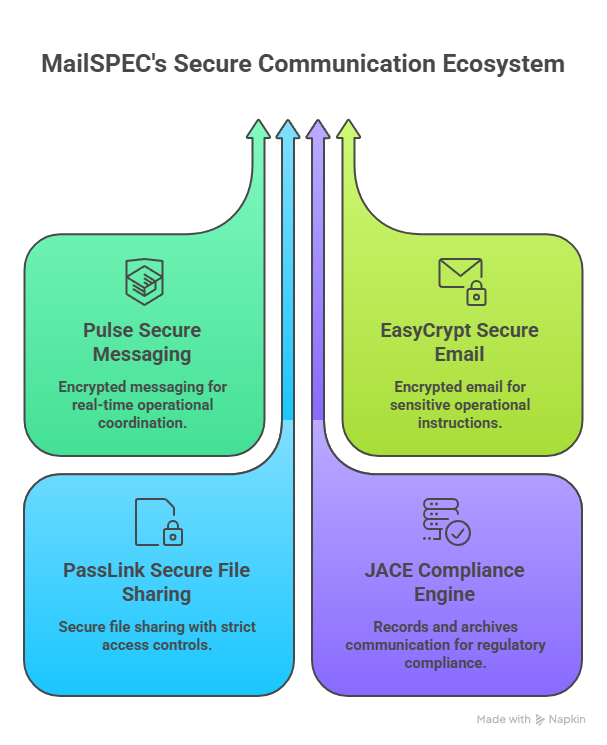 Flowchart illustrating MailSPEC's Secure Communication Ecosystem, featuring Pulse Messaging, EasyCrypt Email, PassLink File Sharing, and JACE Engine.