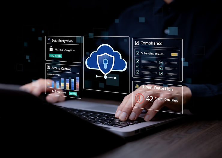 Hands typing on a laptop with digital graphics showing data encryption, access control, compliance, and threat detection.