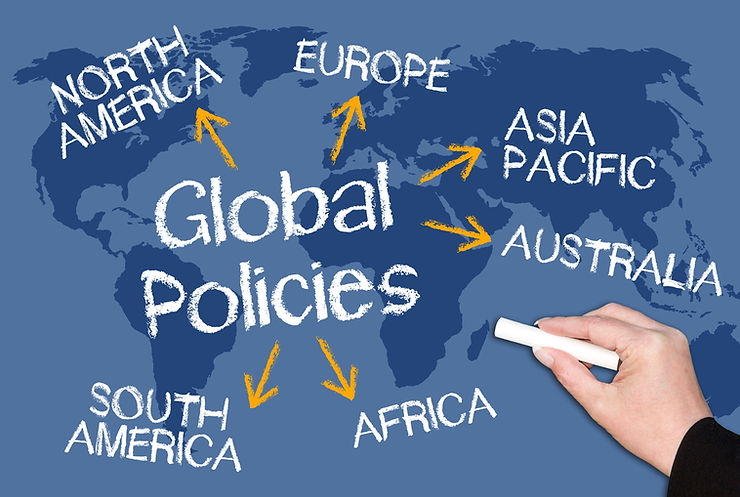 Map with continents labeled: North America, Europe, Asia Pacific, Australia, South America, Africa. Text "Global Policies" in the center.