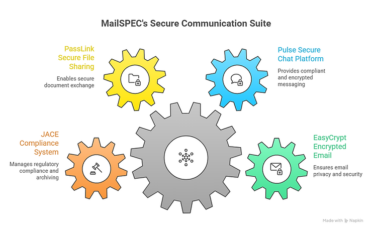 Five colorful gears display MailSPEC's Secure Communication Suite features: file sharing, chat, compliance, and encrypted email services.