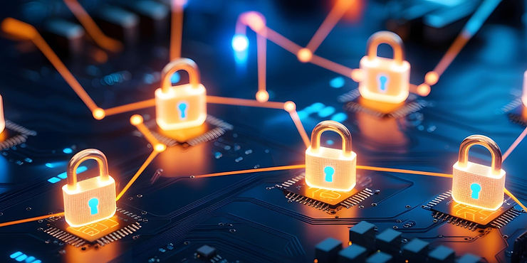 Glowing padlocks linked on a blue circuit board, illustrating secure network connections. Bright orange and blue hues convey a tech mood.