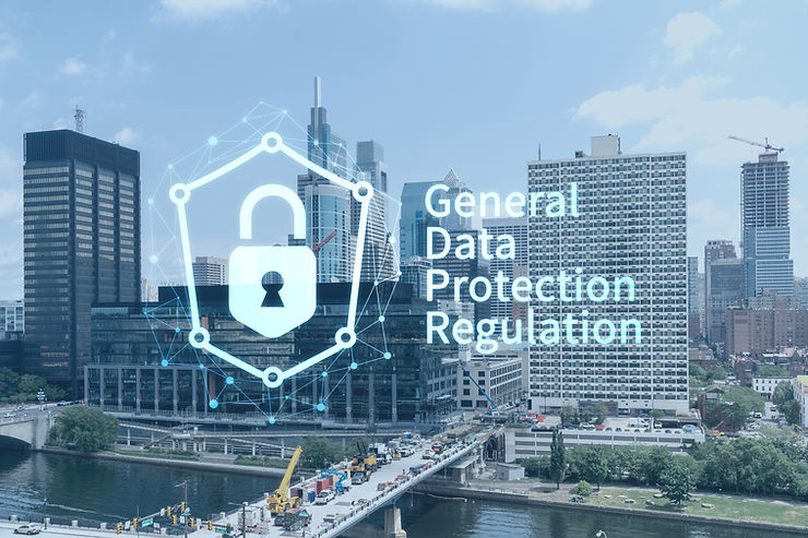Digital lock icon with "General Data Protection Regulation" text overlays a cityscape, conveying security and data protection themes.