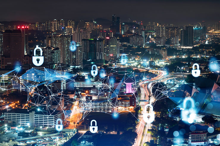 Night cityscape with digital locks and network lines overlay, symbolizing cybersecurity. Bright city lights and buildings fill the scene.
