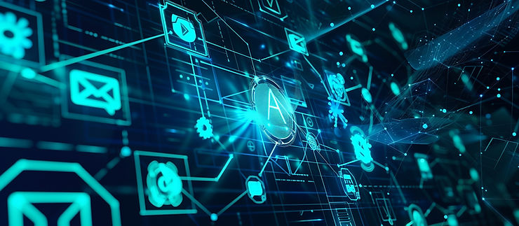 Futuristic digital interface with glowing blue icons and lines on a dark background. Prominent "A" symbol indicating technology theme.
