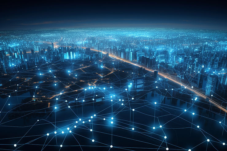 Futuristic cityscape at night, glowing with blue network lines connecting buildings, illustrating a digital communications concept.