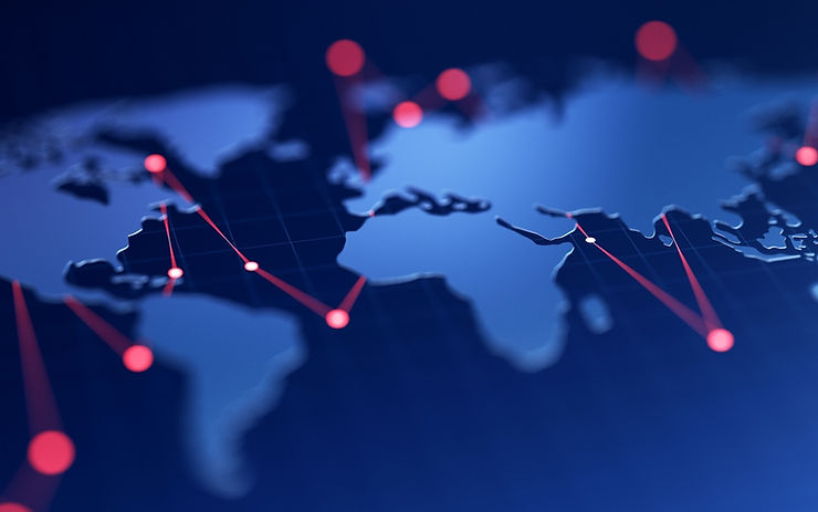 Blue world map with red lines connecting glowing points. Represents global connections. Dark blue background. No text visible.