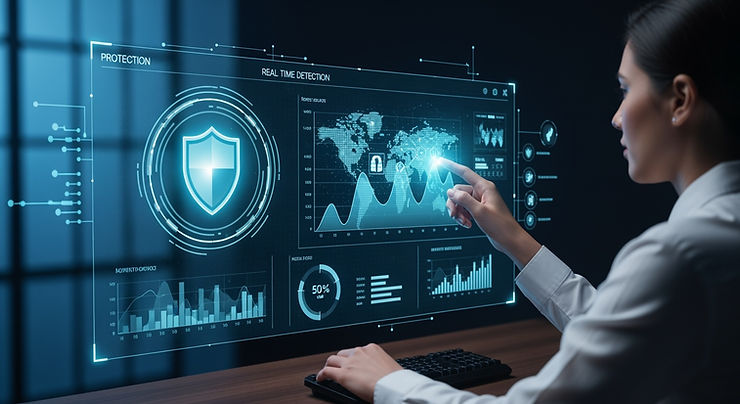 Person interacts with a futuristic holographic screen showing security data, graphs, and a world map in a dark room. Mood is focused.