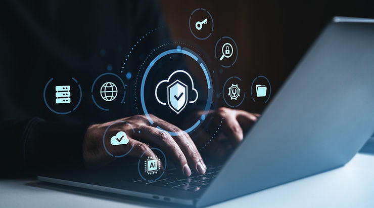 Hands typing on a laptop with digital security icons hovering above, including a cloud, lock, and AI symbol, in a dark setting.