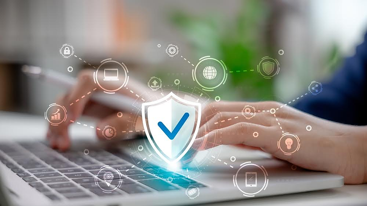 Hands typing on a laptop with a digital shield icon and checkmark overlay. Icons of security and technology surround the scene.