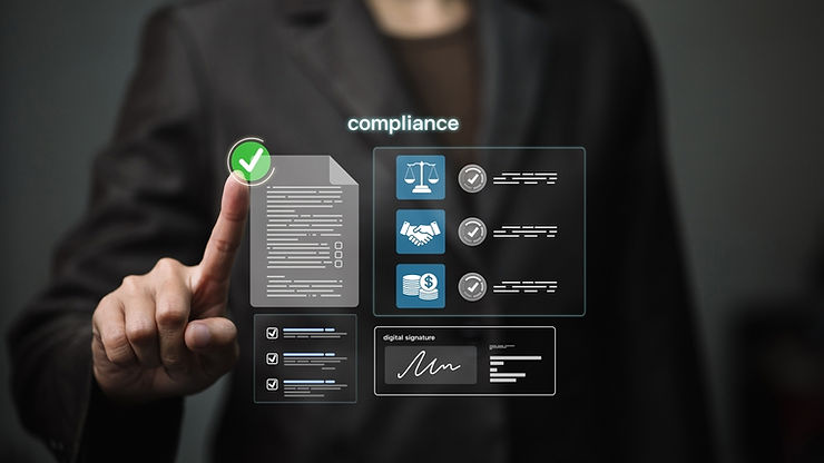 A person in a suit touches a screen displaying "compliance," checklists, icons, and a digital signature in a virtual setting. Mood: professional.
