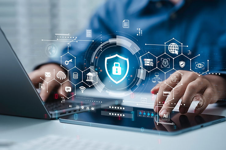 Hands typing on a laptop with digital security icons overlay, including a locked shield, cloud, and network symbols. Blue tones dominate.