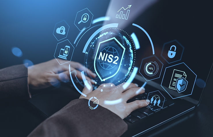 Hands typing on a laptop with a digital overlay displaying "NIS2" and security icons. Blue tones create a tech-focused atmosphere.