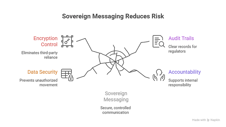 Infographic on Sovereign Messaging reducing risk with features: Encryption Control, Data Security, Audit Trails, Accountability.