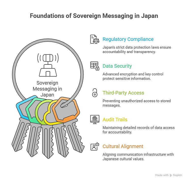 Keys symbolize "Sovereign Messaging in Japan." Points: Regulatory Compliance, Data Security, Third-Party Access, Audit Trails, Cultural Alignment.