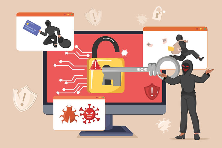 Hacker holding key near unlocked padlock on computer screen, illustrating cybersecurity threats. Inset images show credit card theft.
