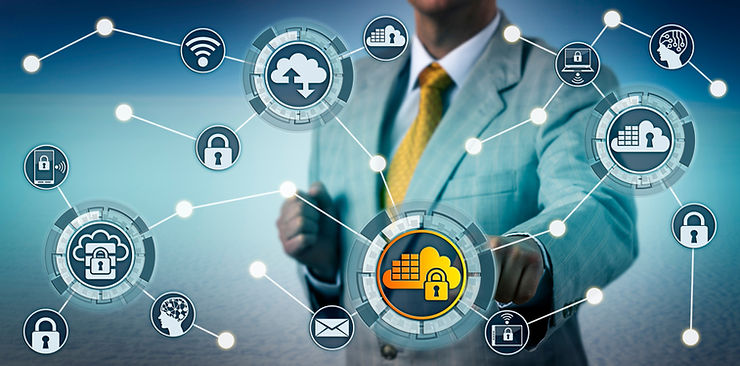 Businessperson in a suit touches a virtual screen with connected secure cloud icons and technology symbols, highlighting security.
