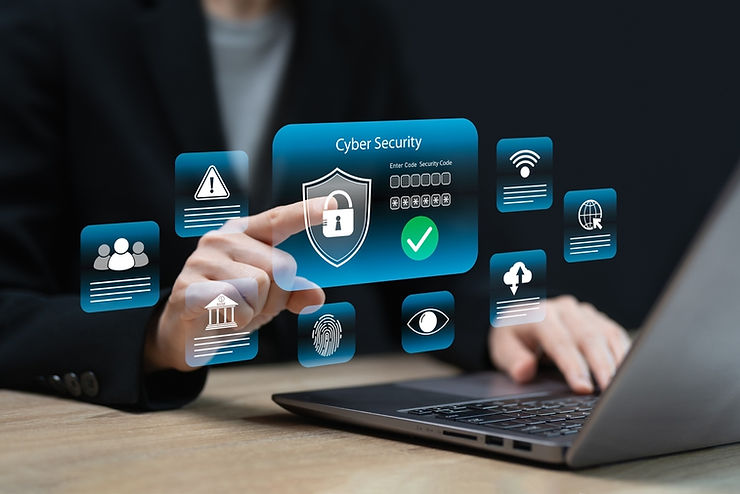 Person interacting with floating cybersecurity icons on a laptop. Icons include lock, fingerprint, and globe. Office setting, tech-focused.