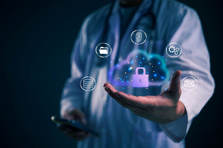 Person in a lab coat holds a digital cloud with icons like a lock, folder, and fingerprint, symbolizing data security against a dark background.