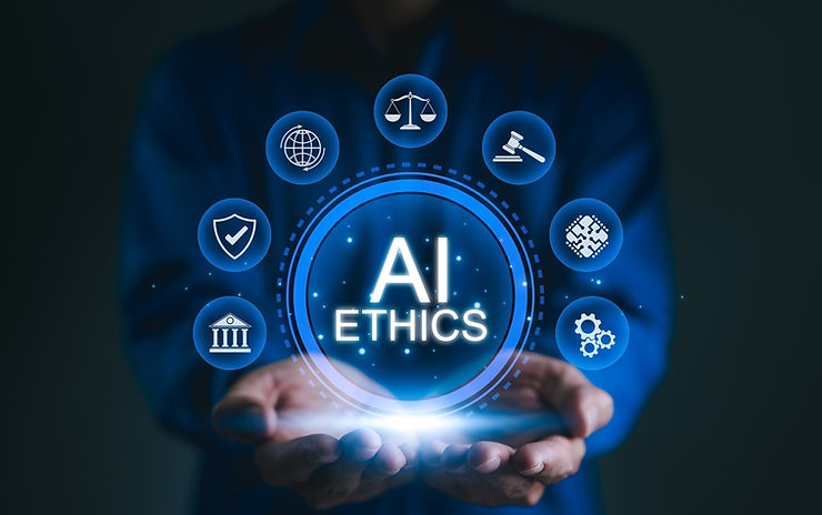 Hands presenting "AI Ethics" text with digital icons like scales, globe, and shield on a dark blue background, conveying technology focus.