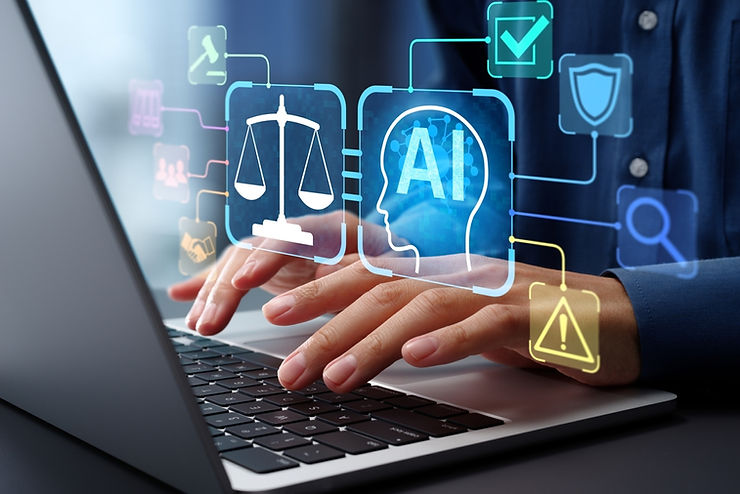 Hands typing on a laptop, overlaid with icons like scales and AI, symbolizing technology integration. Blue background, digital theme.