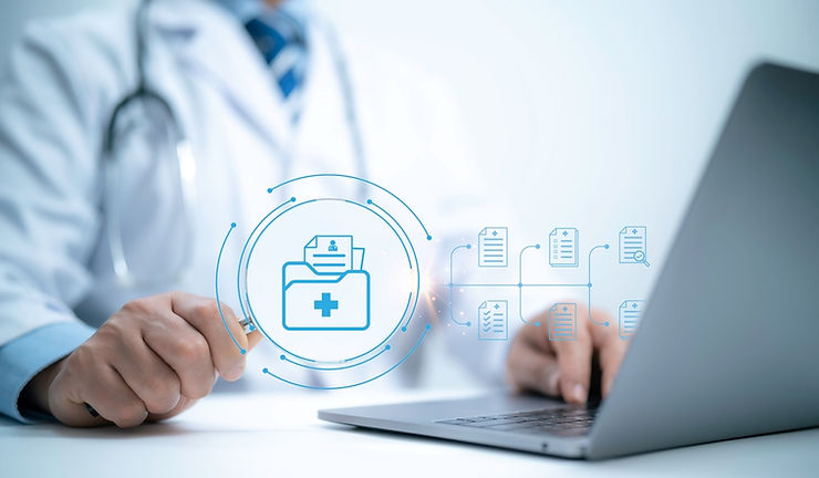 Doctor in a white coat using a laptop with digital medical icons overlayed, depicting patient records and connections, on a light background.