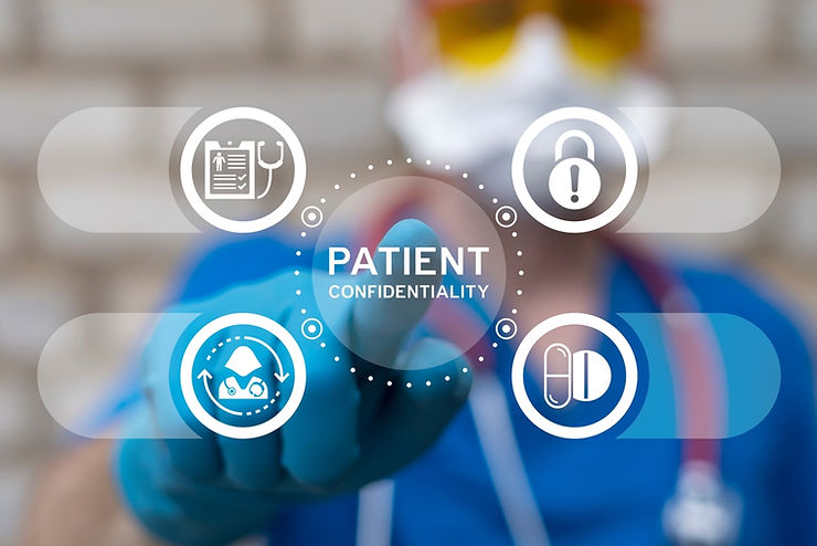 Doctor in blue scrubs and gloves points at "Patient Confidentiality" icon. Other icons show medical symbols. Blurred background.