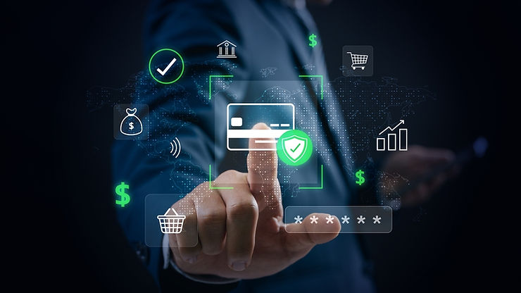 Businessman in suit taps virtual credit card icon, surrounded by digital finance symbols on dark background, highlighting secure transaction.