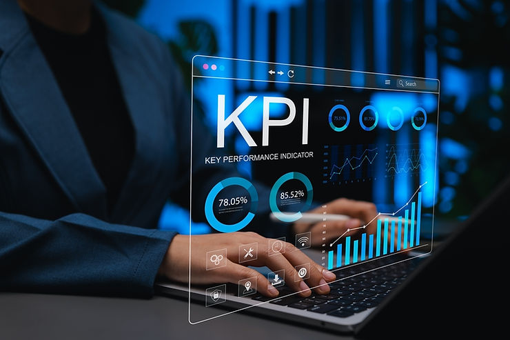 Person typing on a laptop with a holographic display showing KPI data and graphs. Blue tones create a futuristic, analytical mood.