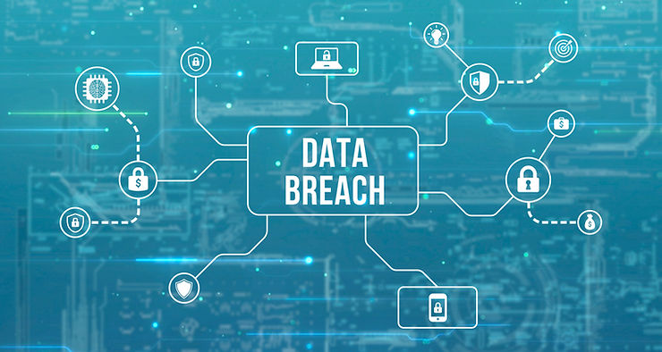 Digital network graphic with "DATA BREACH" text in center. Icons of locks connect in a blue tech-themed background, suggesting security risk.