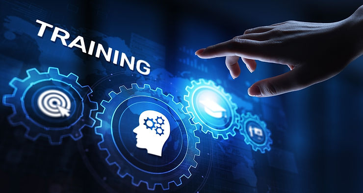 A hand reaches towards digital gears labeled "TRAINING" on a glowing blue interface, depicting skills and goals. Mood is futuristic and focused.