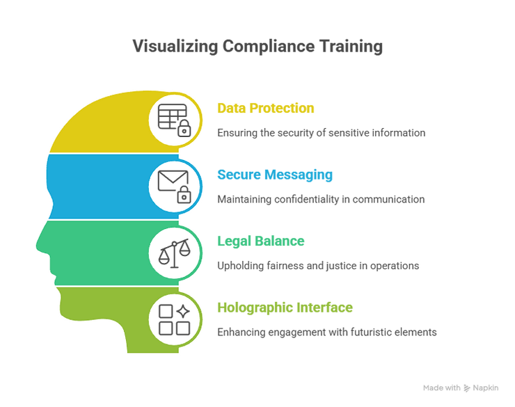Silhouette with four colorful sections: Data Protection, Secure Messaging, Legal Balance, Holographic Interface. Text explains each.